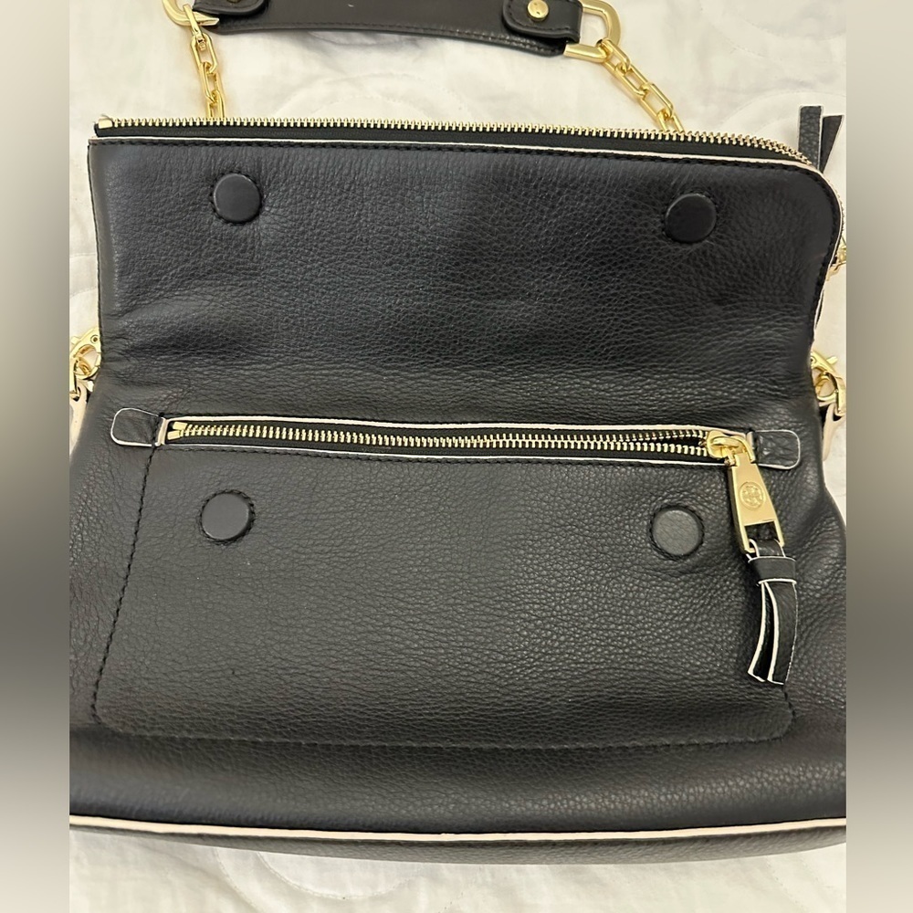 Tory Burch Emerson Foldover Bag  removable strap black buttery leather - Picture 5 of 9
